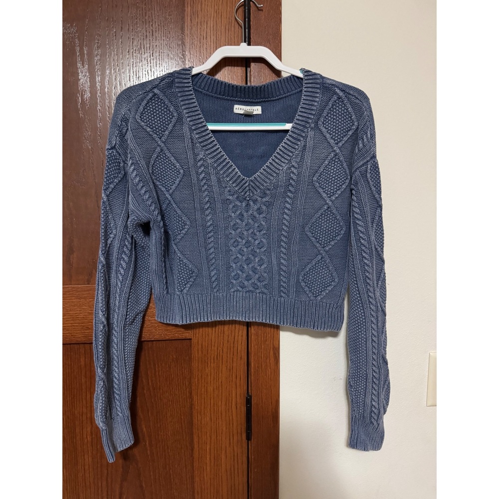 AEROPOSTALE Blue Cable Knit V Neck Cropped Sweater Size S
